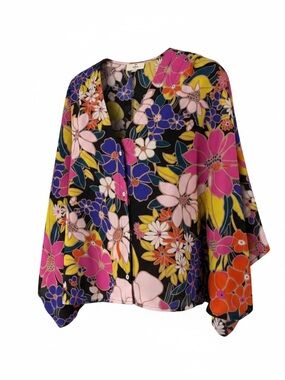 Entro Black backdrop floral Button-Front Blouse with Pink, Purple & Yellow Bloom